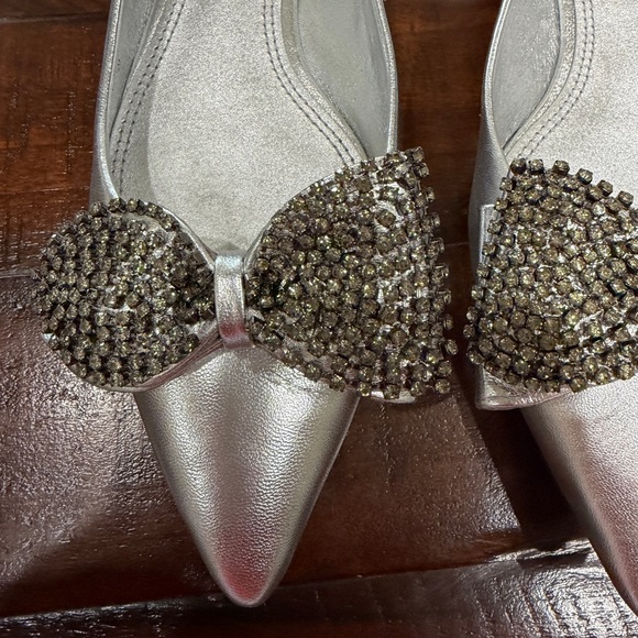 Tory Burch Rosalind Metallic Silver Ballet Flats with Rhinestone Bow - Picture 4 of 11